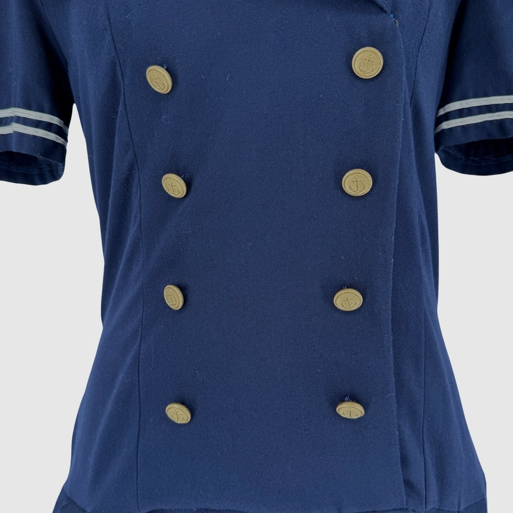 Vintage Handmade Navy Sailor Dress S Nautical Pleated Midi Gold Buttons Preppy - Picture 4 of 13